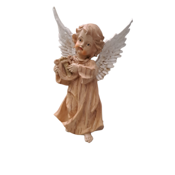 NATALE - Angelo in Resina effetto Legno suona l'Arpa