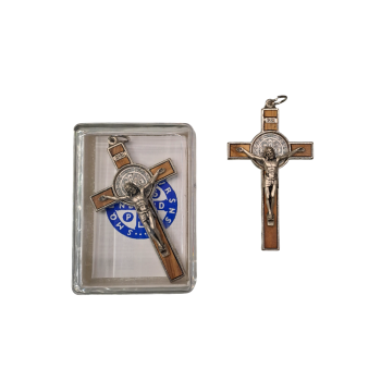 Croce San Benedetto Legno Ulivo e foglio spiegazione